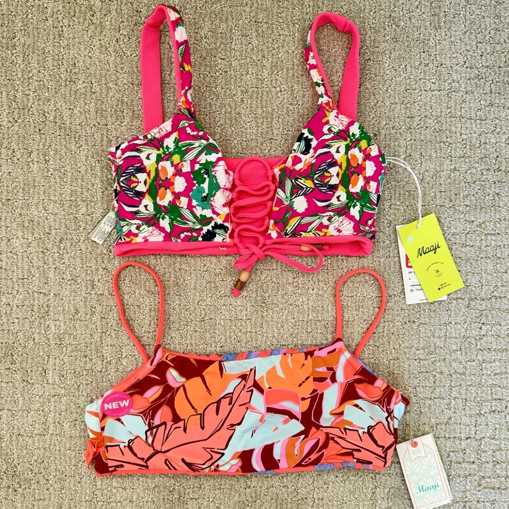 New Maaji Reversible Floral and Leaf Print Bikini Tops- Both Included